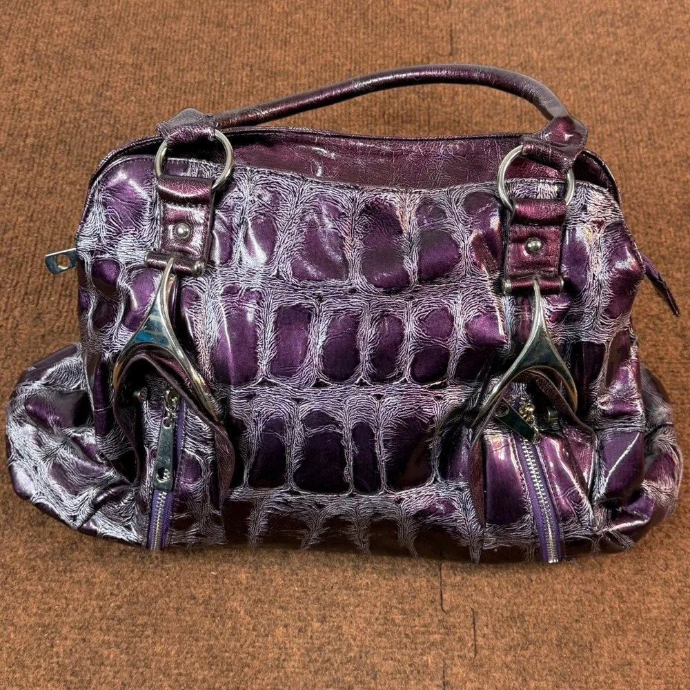 B- Purple Metallic Faux Croc Embossed Satchel Handbag Silver Hardware Top Handle